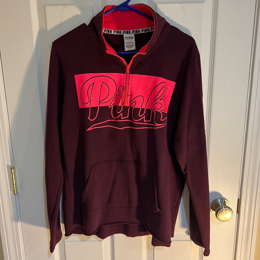 PINK Victoria's Secret Hot Pink Maroon 1/4 Zip Sweatshirt Hoodie Pullover